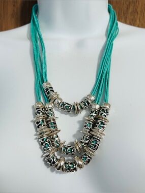 Silver and Teal Multi-Strand Bohemian Corded Necklace Silvertone Beads Hang Tag